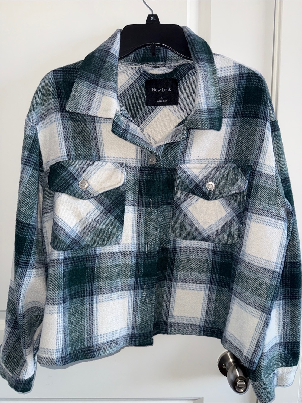 New Look Dark Green & White Plaid Button-Front Shacket
